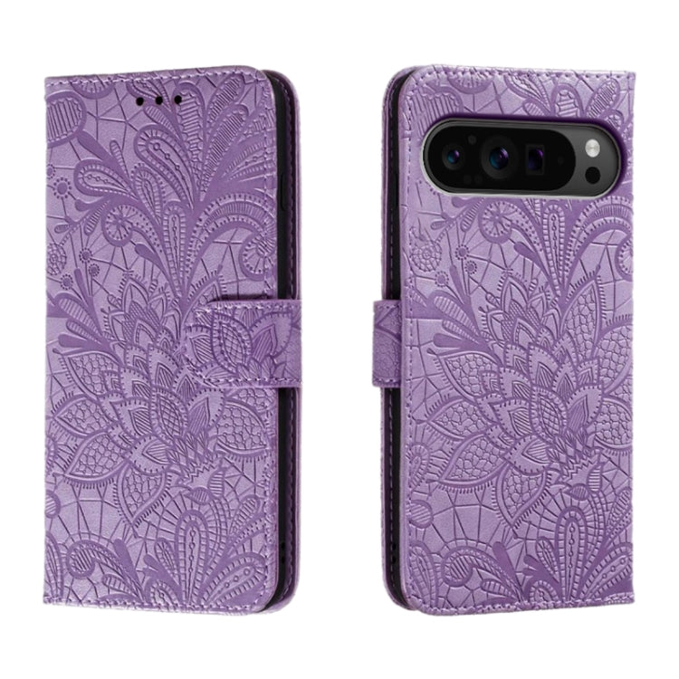 For Google Pixel 9 Pro Lace Flower Embossing Flip Leather Phone Case(Purple) - Google Cases by PMC TechLife | Online Shopping South Africa | PMC TechLife | Buy Now Pay Later Mobicred