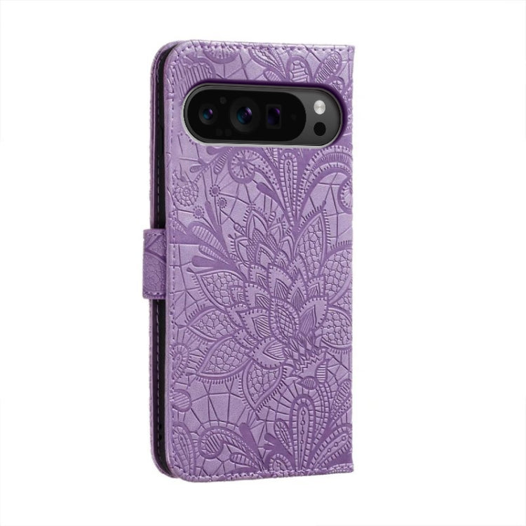 For Google Pixel 9 Pro Lace Flower Embossing Flip Leather Phone Case(Purple) - Google Cases by PMC TechLife | Online Shopping South Africa | PMC TechLife | Buy Now Pay Later Mobicred