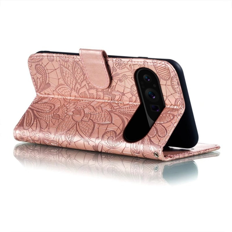For Google Pixel 9 Pro Lace Flower Embossing Flip Leather Phone Case(Rose Gold)