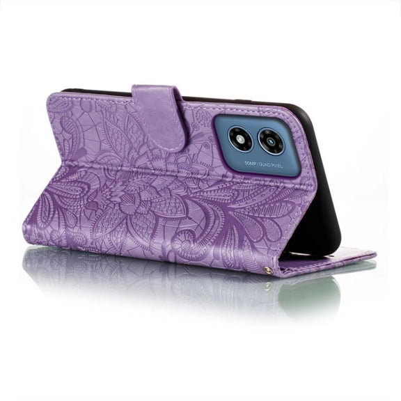 For Motorola Moto G Play 2024 Lace Flower Embossing Flip Leather Phone Case(Purple)