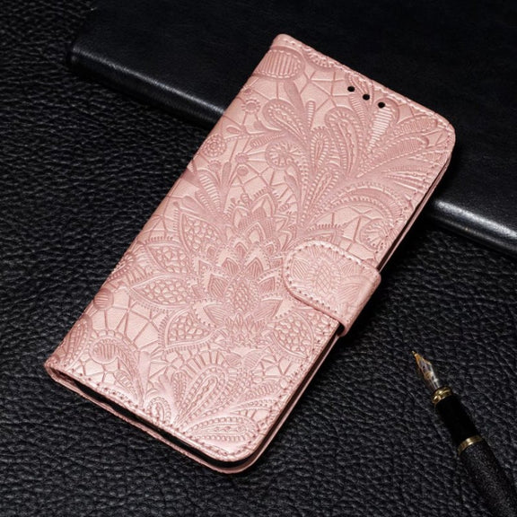 For Motorola Moto G Play 2024 Lace Flower Embossing Flip Leather Phone Case(Rose Gold)