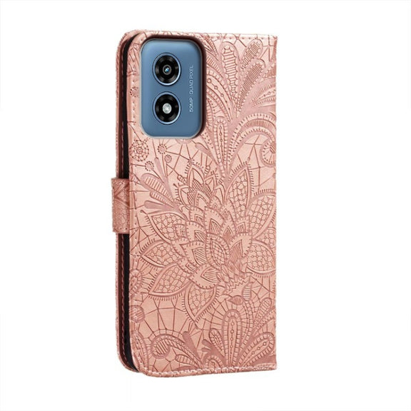 For Motorola Moto G Play 2024 Lace Flower Embossing Flip Leather Phone Case(Rose Gold)
