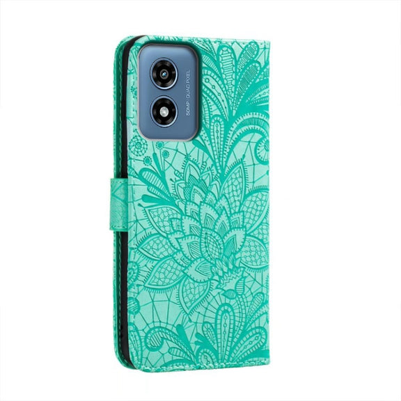 For Motorola Moto G Play 2024 Lace Flower Embossing Flip Leather Phone Case(Green)