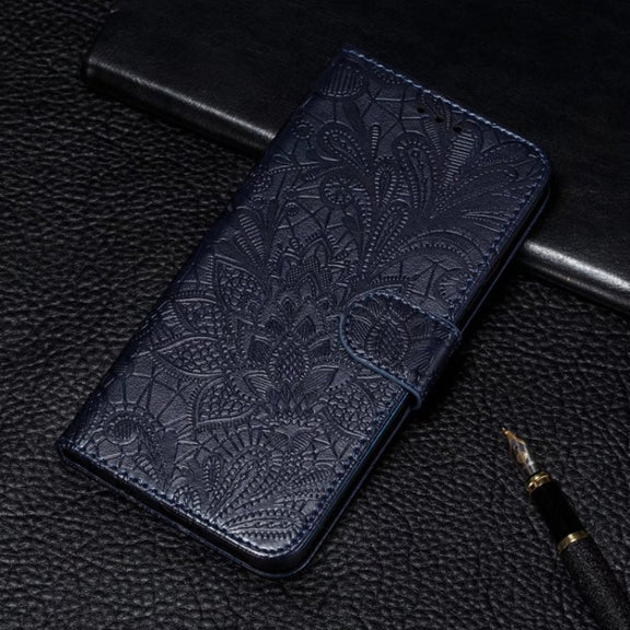 For Motorola Moto G Play 2024 Lace Flower Embossing Flip Leather Phone Case(Dark Blue)