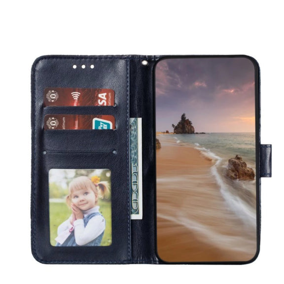 For Motorola Moto G Play 2024 Lace Flower Embossing Flip Leather Phone Case(Dark Blue)