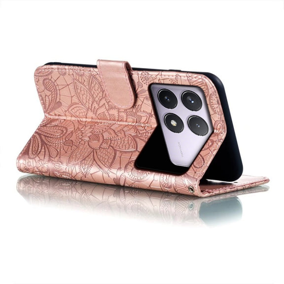 For Xiaomi Redmi K70 Lace Flower Embossing Flip Leather Phone Case(Rose Gold)