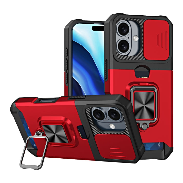 For iPhone 16 Camera Shield Card Slot PC+TPU Phone Case(Red) - iPhone 16 Cases by PMC TechLife | Online Shopping South Africa | PMC TechLife | Buy Now Pay Later Mobicred