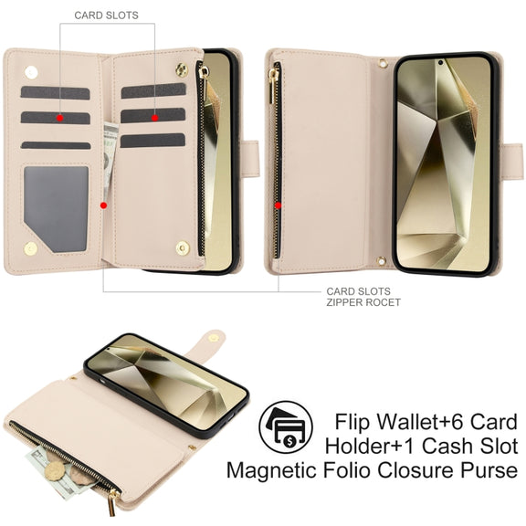 For Samsung Galaxy S24 Ultra 5G YM016 Rhombic Zipper Card Wallet Leather Phone Case with Lanyard(Apricot)