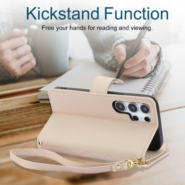 For Samsung Galaxy S24 Ultra 5G YM016 Rhombic Zipper Card Wallet Leather Phone Case with Lanyard(Apricot)
