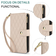 For Samsung Galaxy S24 Ultra 5G YM016 Rhombic Zipper Card Wallet Leather Phone Case with Lanyard(Apricot)