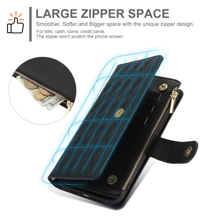 For Samsung Galaxy S24 Ultra 5G YM016 Rhombic Zipper Card Wallet Leather Phone Case with Lanyard(Black)