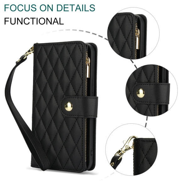 For Samsung Galaxy S24 Ultra 5G YM016 Rhombic Zipper Card Wallet Leather Phone Case with Lanyard(Black)