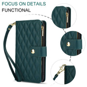 For Samsung Galaxy S24 Ultra 5G YM016 Rhombic Zipper Card Wallet Leather Phone Case with Lanyard(Green)