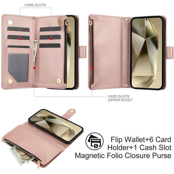 For Samsung Galaxy S24 Ultra 5G YM016 Rhombic Zipper Card Wallet Leather Phone Case with Lanyard(Rose Gold)