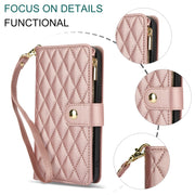 For Samsung Galaxy S24 Ultra 5G YM016 Rhombic Zipper Card Wallet Leather Phone Case with Lanyard(Rose Gold)
