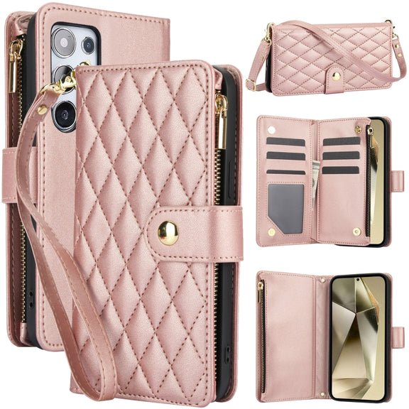 For Samsung Galaxy S24 Ultra 5G YM016 Rhombic Zipper Card Wallet Leather Phone Case with Lanyard(Rose Gold)