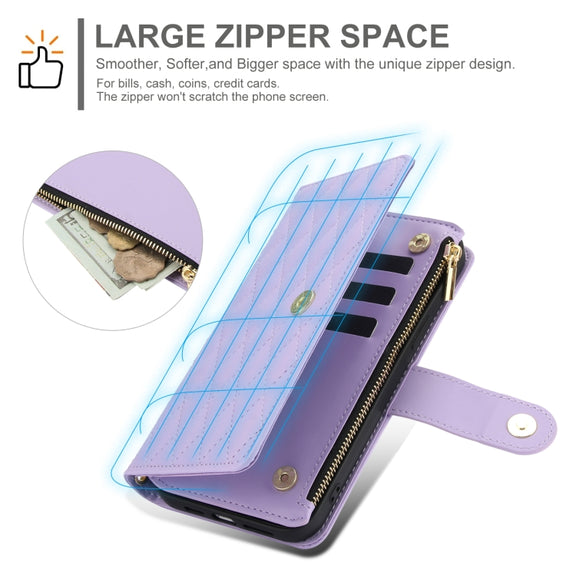 For Samsung Galaxy S24 Ultra 5G YM016 Rhombic Zipper Card Wallet Leather Phone Case with Lanyard(Light Purple)