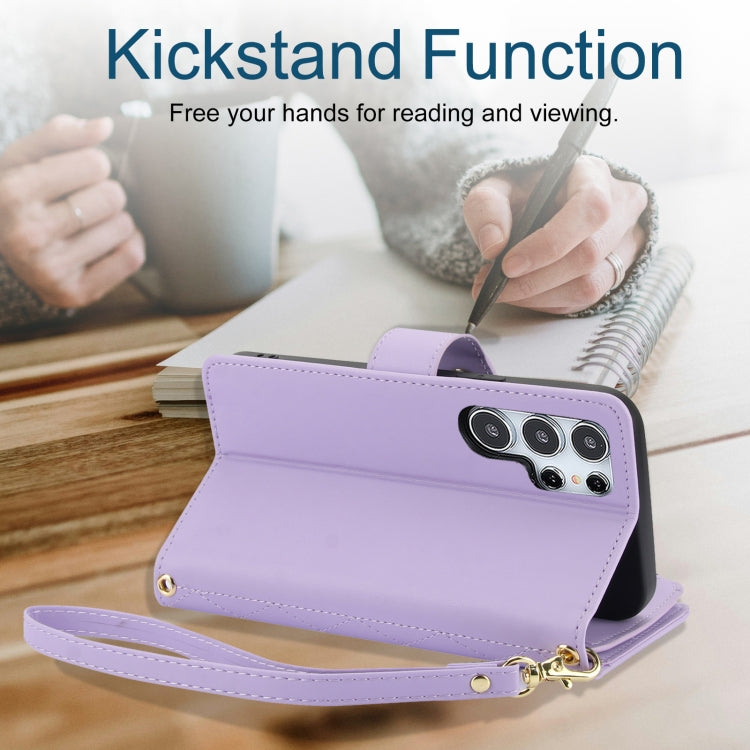 For Samsung Galaxy S24 Ultra 5G YM016 Rhombic Zipper Card Wallet Leather Phone Case with Lanyard(Light Purple)