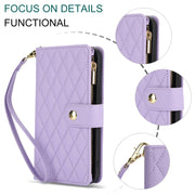 For Samsung Galaxy S24 Ultra 5G YM016 Rhombic Zipper Card Wallet Leather Phone Case with Lanyard(Light Purple)