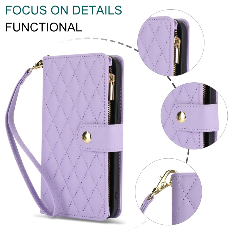 For Samsung Galaxy S24 Ultra 5G YM016 Rhombic Zipper Card Wallet Leather Phone Case with Lanyard(Light Purple)