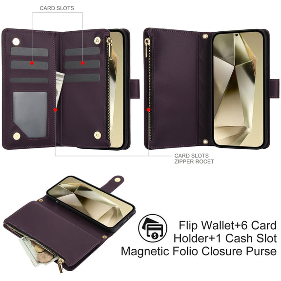 For Samsung Galaxy S24 Ultra 5G YM016 Rhombic Zipper Card Wallet Leather Phone Case with Lanyard(Dark Purple)