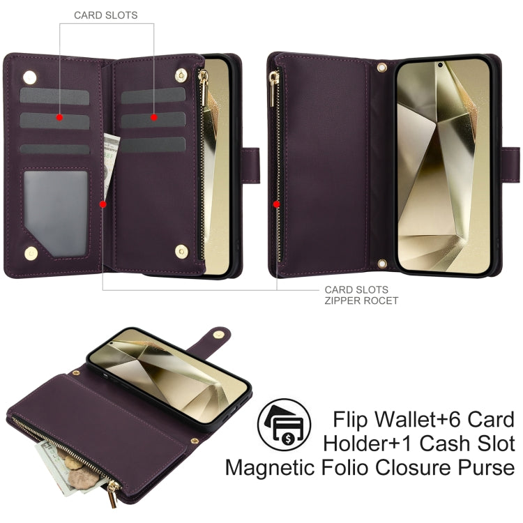 For Samsung Galaxy S24 Ultra 5G YM016 Rhombic Zipper Card Wallet Leather Phone Case with Lanyard(Dark Purple)
