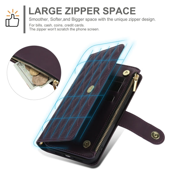 For Samsung Galaxy S24 Ultra 5G YM016 Rhombic Zipper Card Wallet Leather Phone Case with Lanyard(Dark Purple)