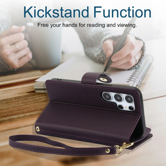 For Samsung Galaxy S24 Ultra 5G YM016 Rhombic Zipper Card Wallet Leather Phone Case with Lanyard(Dark Purple)