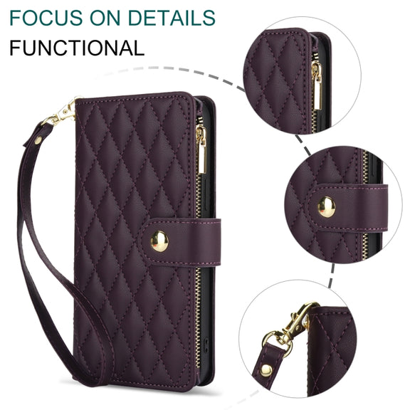 For Samsung Galaxy S24 Ultra 5G YM016 Rhombic Zipper Card Wallet Leather Phone Case with Lanyard(Dark Purple)