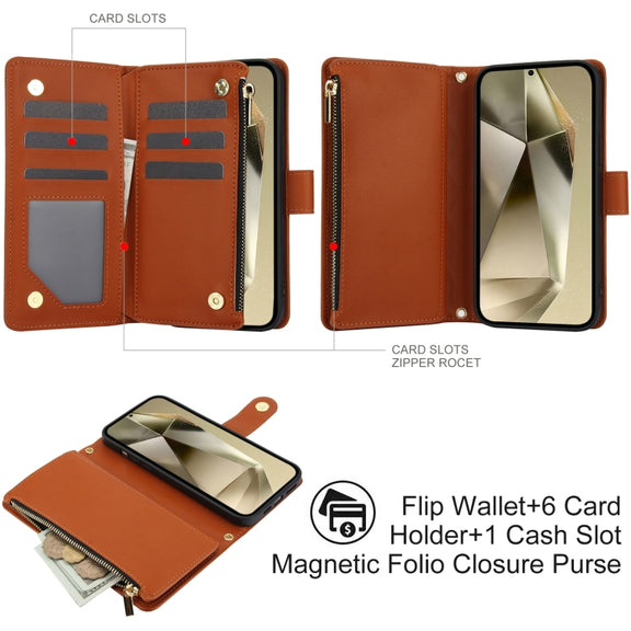 For Samsung Galaxy S24 Ultra 5G YM016 Rhombic Zipper Card Wallet Leather Phone Case with Lanyard(Brown)
