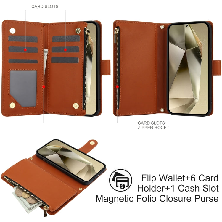 For Samsung Galaxy S24 Ultra 5G YM016 Rhombic Zipper Card Wallet Leather Phone Case with Lanyard(Brown)