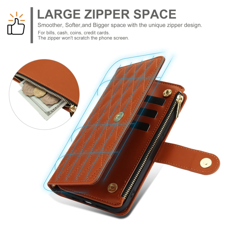 For Samsung Galaxy S24 Ultra 5G YM016 Rhombic Zipper Card Wallet Leather Phone Case with Lanyard(Brown)