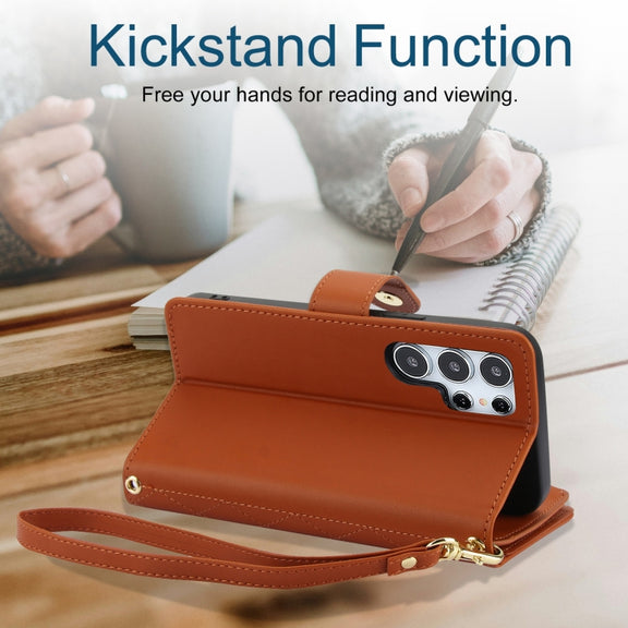 For Samsung Galaxy S24 Ultra 5G YM016 Rhombic Zipper Card Wallet Leather Phone Case with Lanyard(Brown)