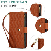 For Samsung Galaxy S24 Ultra 5G YM016 Rhombic Zipper Card Wallet Leather Phone Case with Lanyard(Brown)