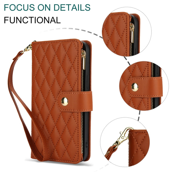 For Samsung Galaxy S24 Ultra 5G YM016 Rhombic Zipper Card Wallet Leather Phone Case with Lanyard(Brown)