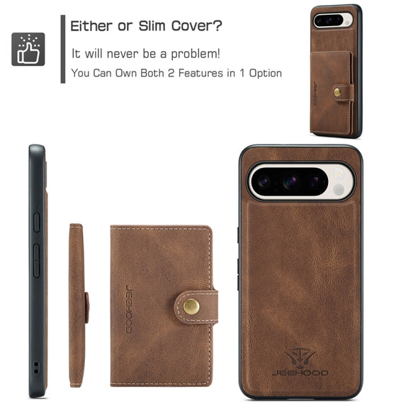 For Google Pixel 9 Pro JEEHOOD J01 Retro Magnetic Detachable Wallet Phone Case(Brown)