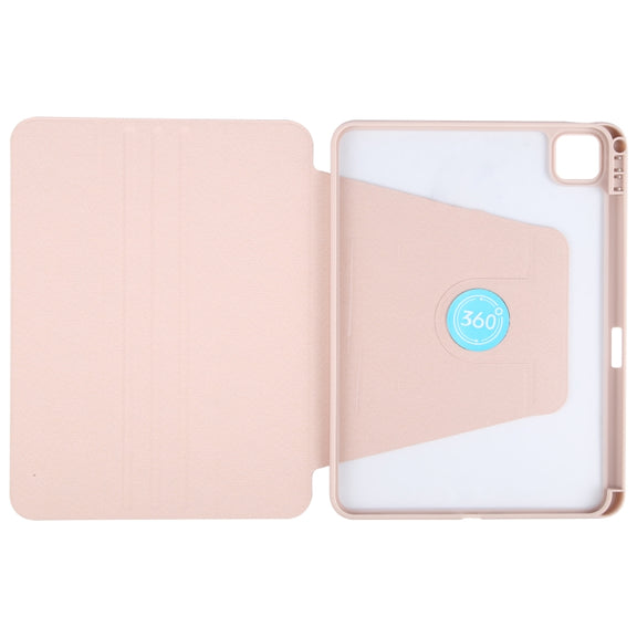 For iPad Pro 12.9 2022 / 2021 / 2020 GEBEI Acrylic TPU 3-folding Rotating Smart Tablet Leather Case withh Pen Slot(Pink)