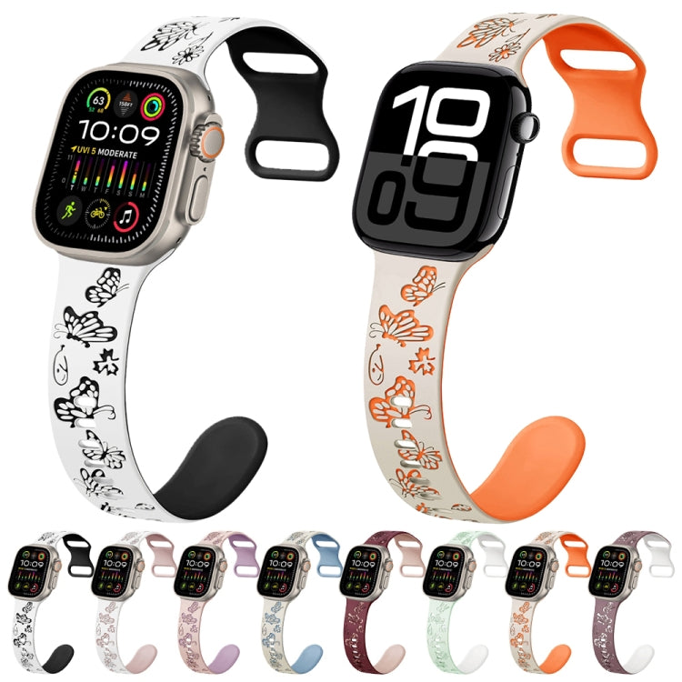 For Apple Watch Series 10 46mm Colorful Butterfly Pattern 8-shaped Buckle Silicone Watch Band(White Black)
