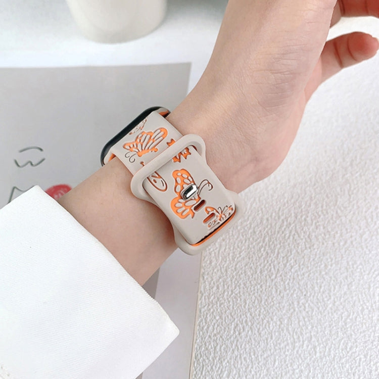 For Apple Watch Series 10 46mm Colorful Butterfly Pattern 8-shaped Buckle Silicone Watch Band(White Black)