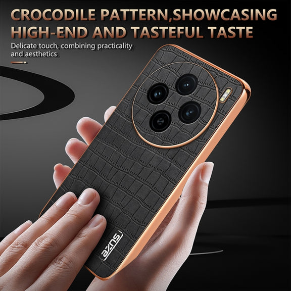 For vivo X100 5G AZNS Electroplated Frame Crocodile Texture Full Coverage Phone Case(Black)
