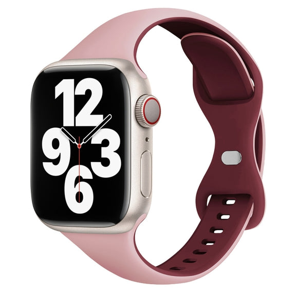 For Apple Watch SE 2023 44mm Two Color Slim Butterfly Buckle Silicone Watch Band(Pink Wine Red)