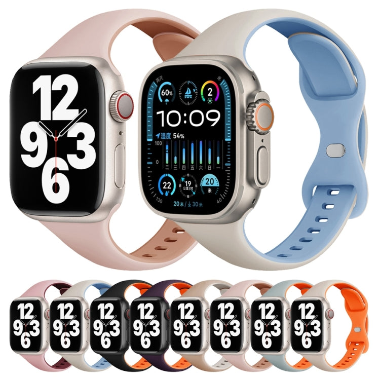 For Apple Watch Series 9 45mm Two Color Slim Butterfly Buckle Silicone Watch Band(Dark Purple Orange)