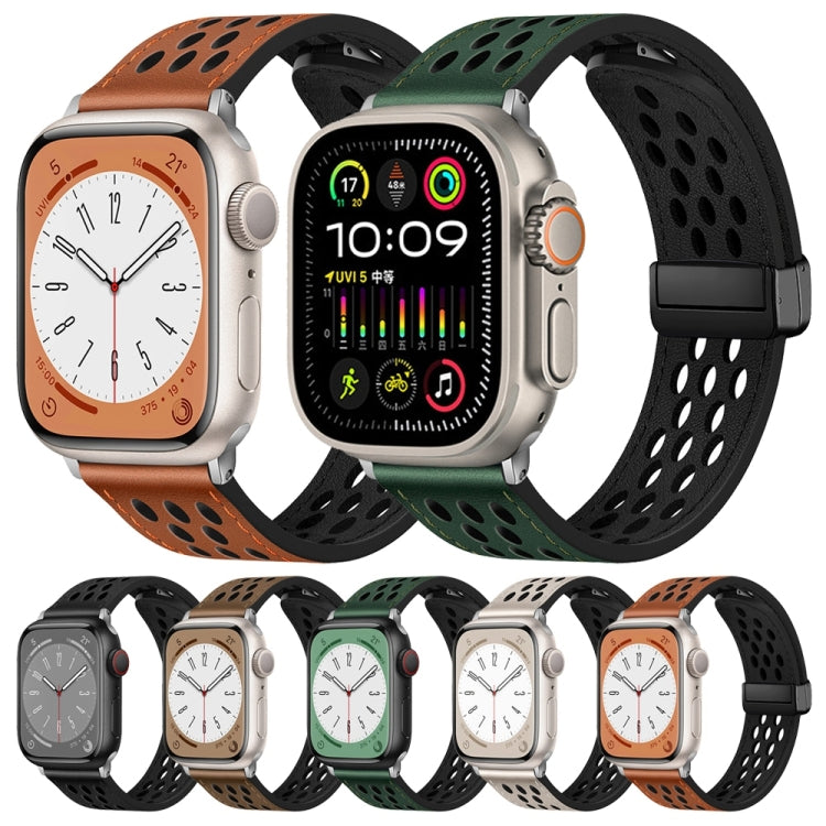 For Apple Watch Ultra 49mm Hole Style Folding Buckle PU Leather Watch Band(Taupe)