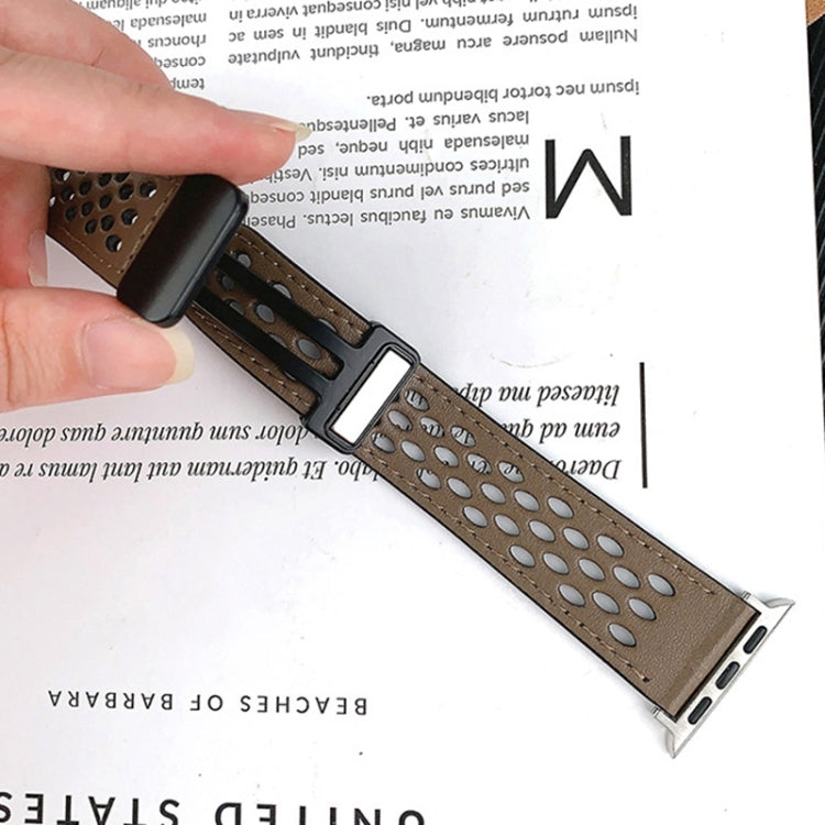 For Apple Watch Ultra 49mm Hole Style Folding Buckle PU Leather Watch Band(Taupe)