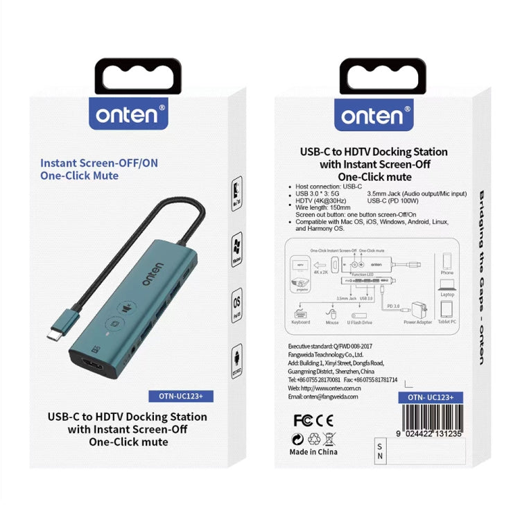 Onten UC123+ USB-C / Type-C to HDTV Multi-function HUB Docking Station with Button, Length:1.5m(Green)