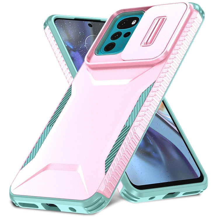 For Motorola Moto G22 2024 Sliding Camshield Phone Case(Pink + Grey Green)