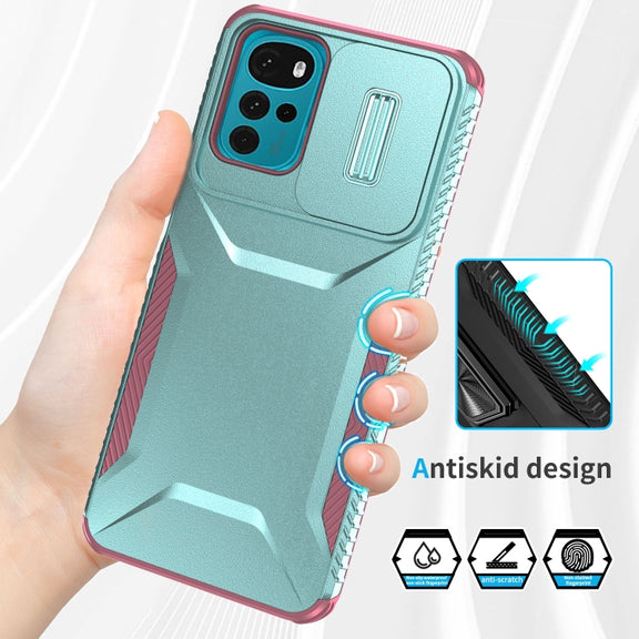 For Motorola Moto G22 2024 Sliding Camshield Phone Case(Grey Green + Pink)