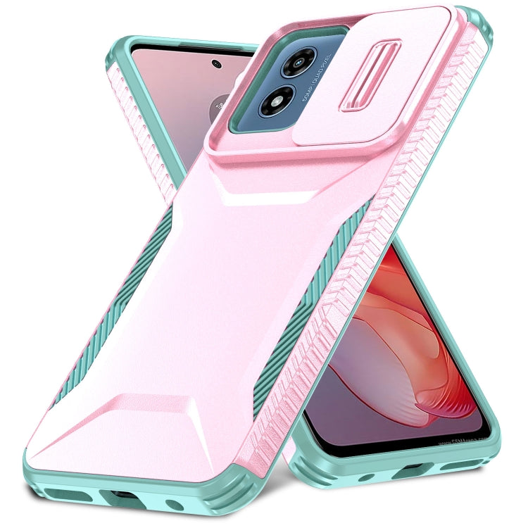For Motorola Moto G Play 4G 2024 Sliding Camshield Phone Case(Pink + Grey Green)