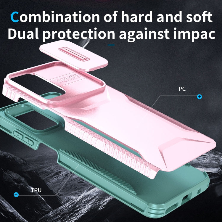 For Motorola Moto G Play 4G 2024 Sliding Camshield Phone Case(Pink + Grey Green)