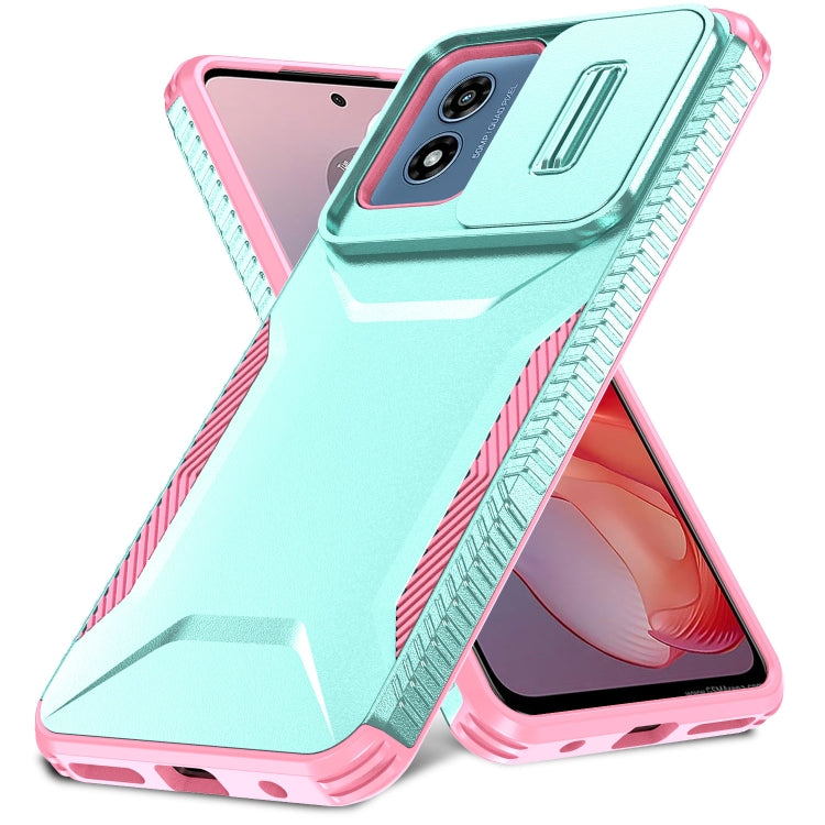 For Motorola Moto G Play 4G 2024 Sliding Camshield Phone Case(Grey Green + Pink)